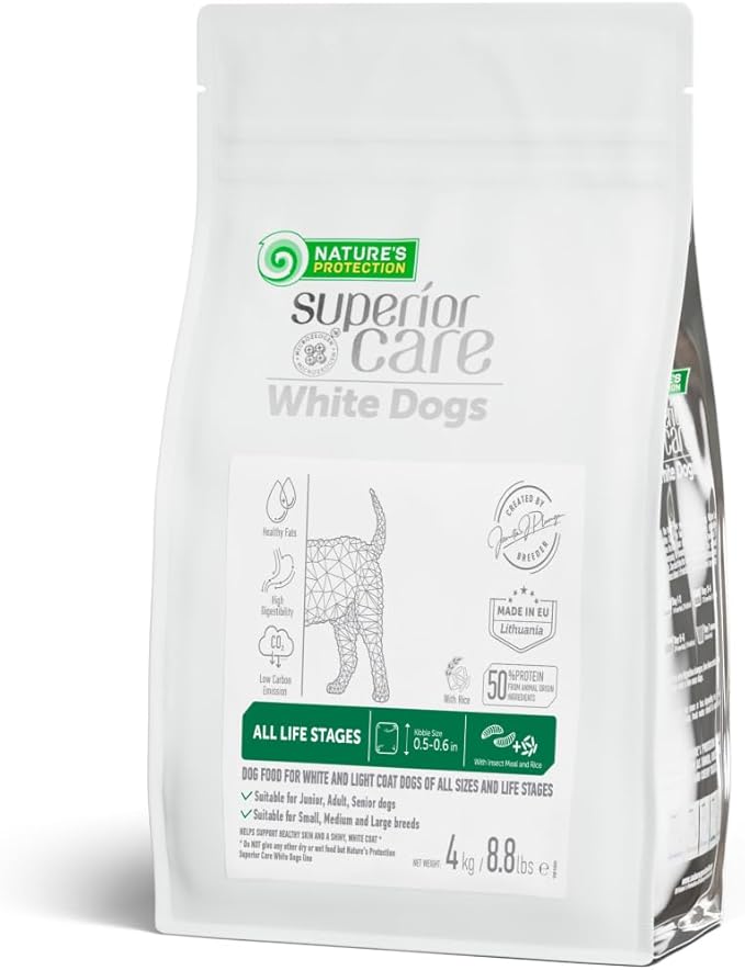 Nature's Protection Superior Care White Dogs Rice Based Dry Dog Food - High Protein, Tear Stain Dog Food for All Breeds Light Coated All Life Stages Dogs, Fresh Pet Meal, Insect, 8.8 lb