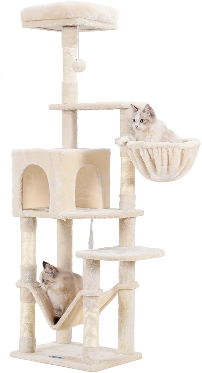 Hey-brother Cat Tree with Large Hammock, Multi-Level Cat Tower for Indoor Cats, Cat Condo with Sisal-Covered Scratching Posts and Top Perch, Beige MPJ050M