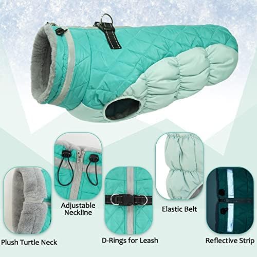 Lelepet Dog Coat Warm Dog Winter Coat Waterproof Dogs Jacket with Harness Built in Reflective Pet Fleece Vest Zip-Up Cold Weather Coats for Medium Dogs Turtleneck Windproof Dachshund Mint Green M