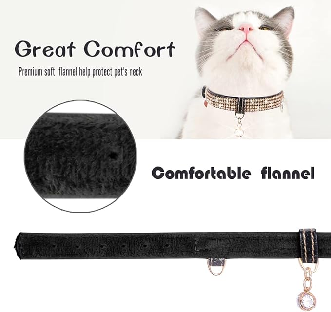 PetsHome Cat Collar, Dog Collar, [Bling Rhinestones] Premium PU Leather with Pendant Adjustable Collars for Cat and Small Dog Extra Small Black