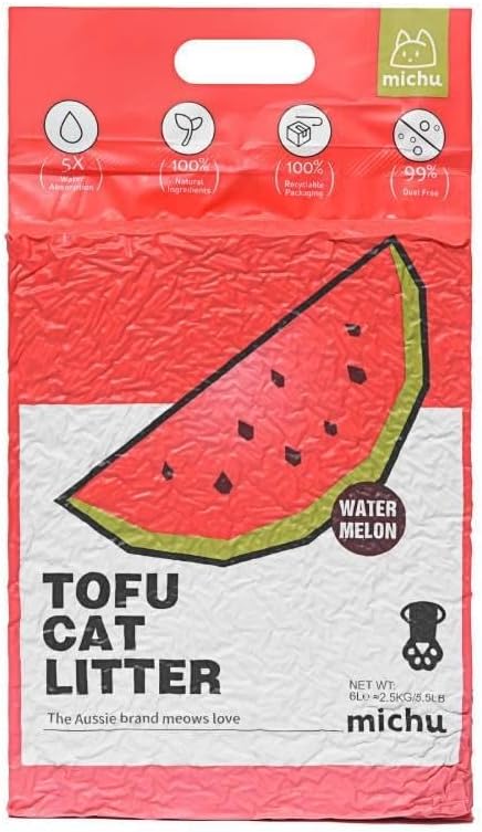 Michu Tofu Cat Litter Natural Clumping Tofu Cat Litter, Fast Clumping and Easily Scoop-able 5.5lb/88oz 5 Scents - Watermelon, 3 Pack