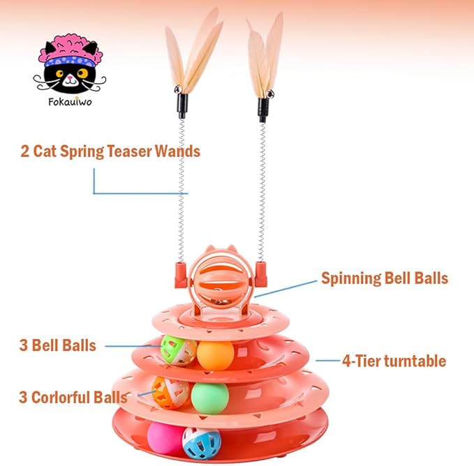 Kitten Toys, Interactive Cat Puzzle Toys for Indoor Cats, Cat Tower with 2 Kitty Teasers and Ball Track (Orange)