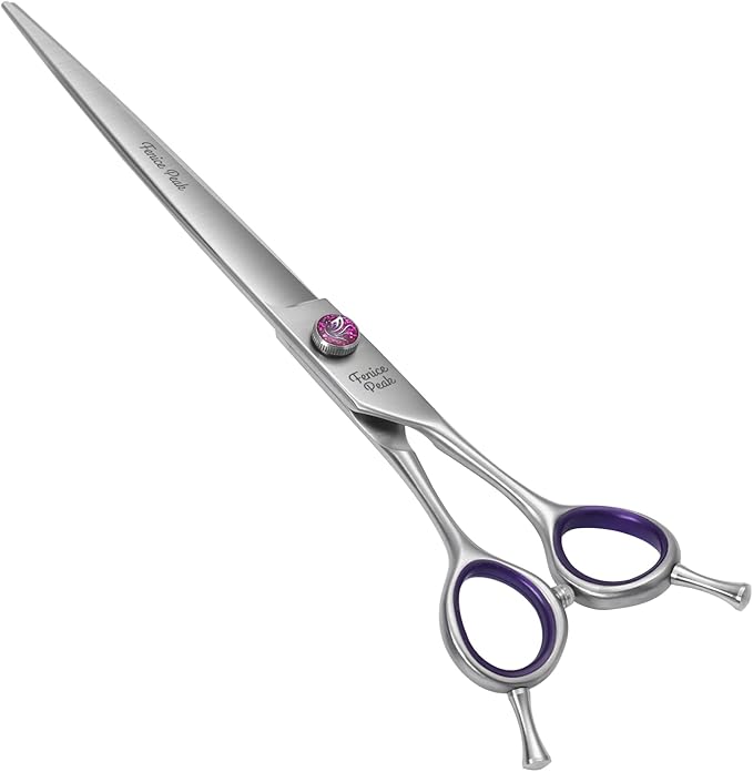 Fenice Peak 8'' Straight Dog Grooming Scissors with Decorative Screw Professional 440C Stainless Steel Metallic Pet Trimming Shears with Offset Handle Durable and Sharp