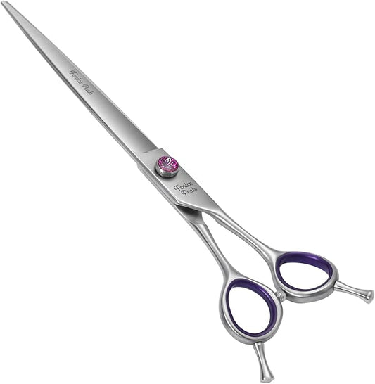 Fenice Peak 7'' Straight Dog Grooming Scissors with Purple Finger Rings and Flashing Screw Professional 440C Stainless Steel Natural Color Pet Trimming Shears with Offset Handle Durable and Sharp