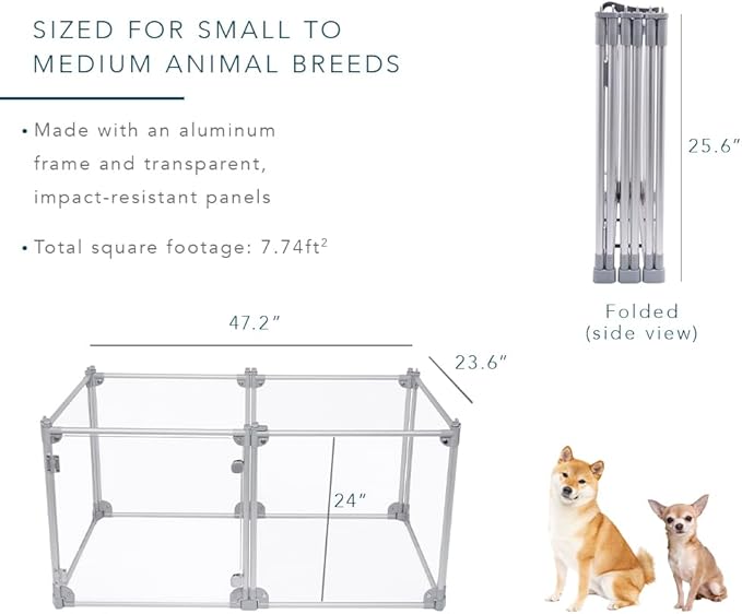 Front Row Foldable Dog Playpen – Durable and Portable Puppy Playpen for Exercise, Rest & Play – Clear Fence Panels with Aluminum Rods and Crate for Dogs and Other Small Pets (Silver, 6-Panel)