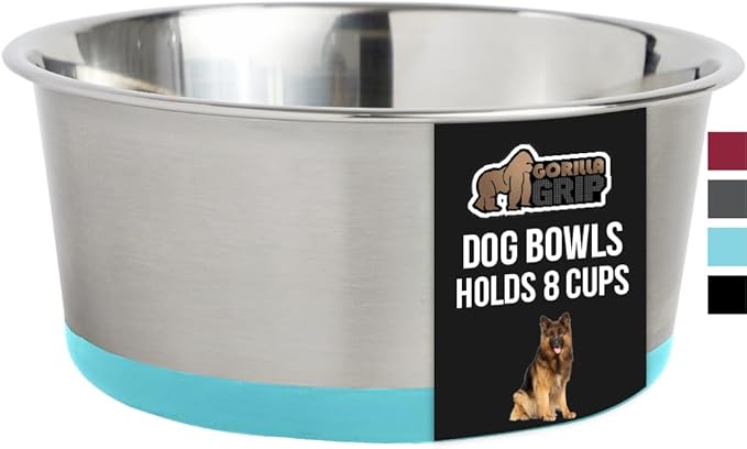 GORILLA GRIP Stainless Steel Metal Dog Bowl, Rubber Base, Heavy Duty Feeding Dish, Food Grade BPA Free, Less Sliding on Floors, Quiet Pet Bowl for Cats and Dogs, Holds 8 Cups (64 fl oz), Turquoise