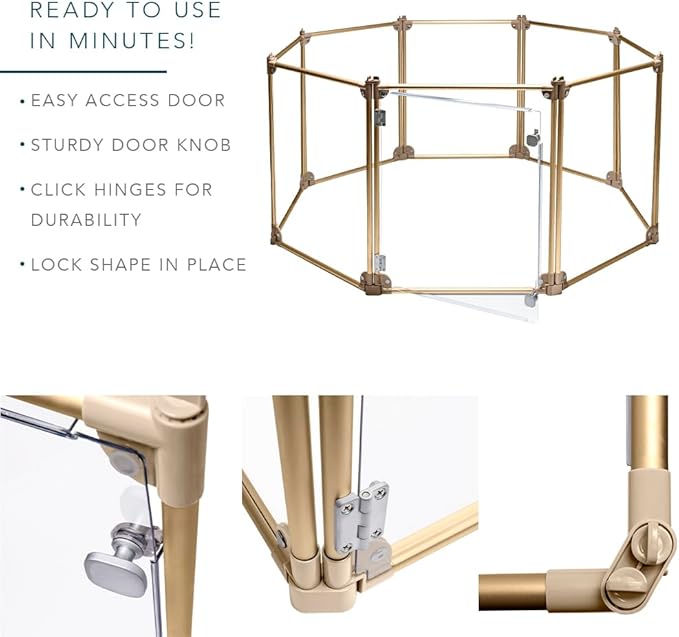 Front Row Foldable Dog Playpen – Durable and Portable Puppy Playpen for Exercise, Rest & Play – Clear Fence Panels with Aluminum Rods and Crate for Dogs and Other Small Pets (Gold, 8-Panel)