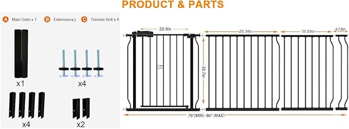 HOOEN 30" Tall Extra Wide Baby Gates for Doorways Stairs 76 to 86 in Large Long Pressure Mounted Pet Dog Gate Metal Tension Indoor Child Safety Gates with Extension Kits