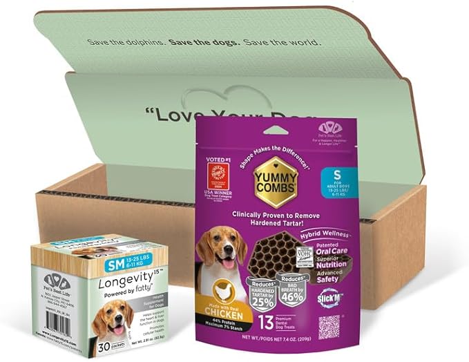 Longevity15 C15:0 Dog Health Supplement (30-Day Supply) & Yummy Combs Dog Dental Treats (8oz Bag) for Small Dogs – C15:0 Fatty Acid for Daily Wellness, Food Topper – VOHC Approved Oral Care