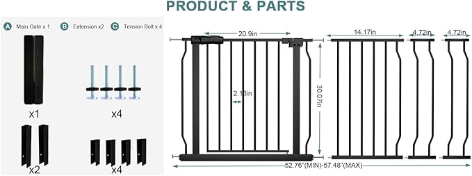 Extra Wide Baby Gate Tension Indoor Safety Gates Black Metal Large Pressure Mounted Pet Gate Walk Through Long Safety Dog Gate for The House Doorways Stairs(52.76"-57.48"/134-146CM, Black)