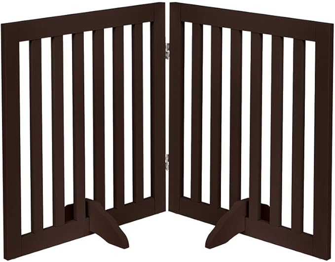 unipaws 24”H Free Standing Pet Gate for Dog Cat, Wooden Dog Gates for Doorway, Stairs, Step Over Foldable Pet Fence for The House, Expandable Doggy Barrier, Indoor Use, Espresso