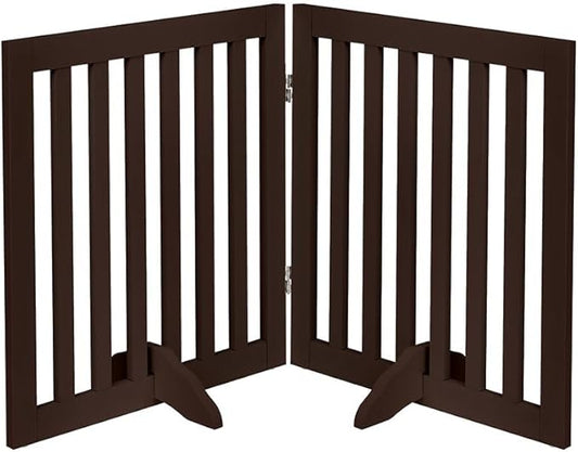 unipaws 24”H Free Standing Pet Gate for Dog Cat, Wooden Dog Gates for Doorway, Stairs, Step Over Foldable Pet Fence for The House, Expandable Doggy Barrier, Indoor Use, Espresso