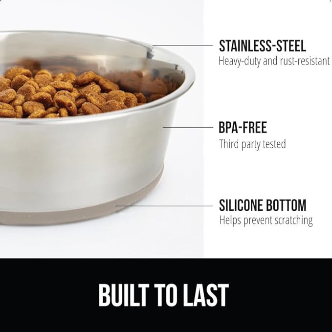 GORILLA GRIP Stainless Steel Metal Dog Bowl, Rubber Base, Heavy Duty Feeding Dish, Food Grade BPA Free, Less Sliding on Floors, Quiet Pet Bowl for Cats and Dogs, Holds 8 Cups (64 fl oz), Black