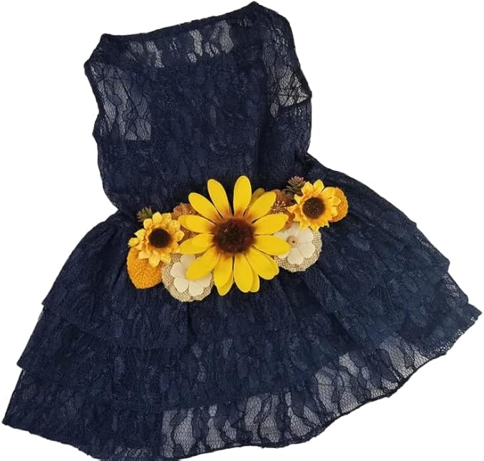 Sunflower Dog Dress, Navy Sunflower Wedding Dog Dress, Dog Flower Girl Dress, The Dorothy, Wedding Dog Dress, Dog Clothes (X-Small (3-6 lbs))