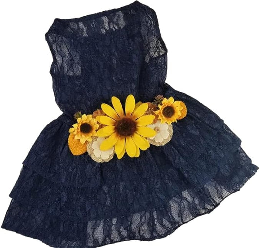 Sunflower Dog Dress, Navy Sunflower Wedding Dog Dress, Dog Flower Girl Dress, The Dorothy, Wedding Dog Dress, Dog Clothes (X-Small (3-6 lbs))