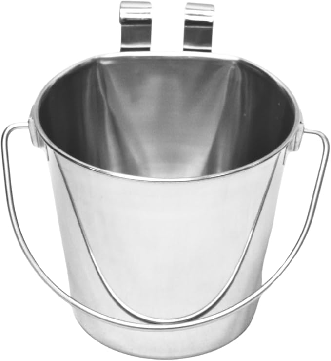 1 Quart Stainless Steel Flat Sided Pail with Dual Hooks | Hanging Bucket for Dog, Cat, Bird & Small Animals | Durable Food & Water Bowl Fits Kennels, Crates & Cages | Multipurpose Use