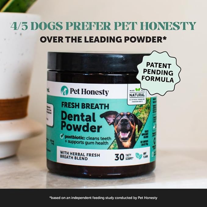 Dog Breath Freshener Dental Powder for Teeth Cleaning Plaque Off, Dental Care for Large Dogs, Tartar Remover for Teeth with Natural Herbal Blend + Postbiotics (Mint - 60 Servings)