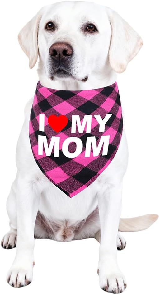 GreenJoy Cute Plaid Dog Bandana – Washable Pet Triangle Scarf for Small, Medium, Large Dogs and Cats, Adjustable Pet Accessory for Birthday, Wedding and Christmas (Pink (I Love My Mom), Medium)