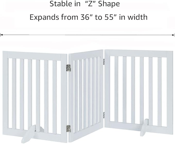 unipaws 24”H Free Standing Pet Gate for Dog Cat, Wooden Gates for Doorway, Stairs, Step Over Foldable Pet Fence for The House, Expandable Dog Barrier, Indoor Use, White