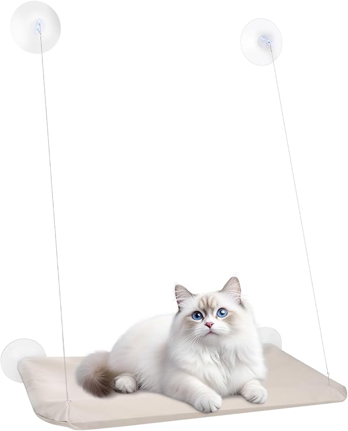 Cat Window Perch, Hanging Cat Hammock for Window, Foldable Cats Windows Bed with 4 Suction Cup, Windows Hammock for Cats Inside Perch Hold up to 44 Pounds Two Pets (Khaki, L)