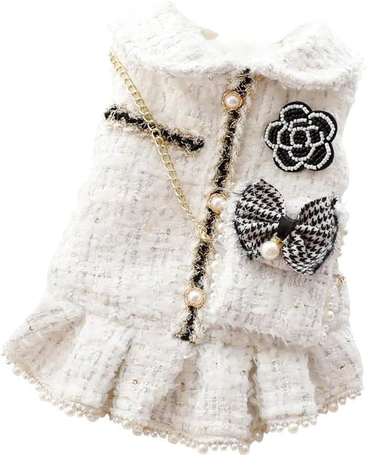 Pet Dress with Pearl Buttons, White Tweed with Black Bow and Rose Embellishments, Small Dog and cat Princess Outfit (White, X-Large)