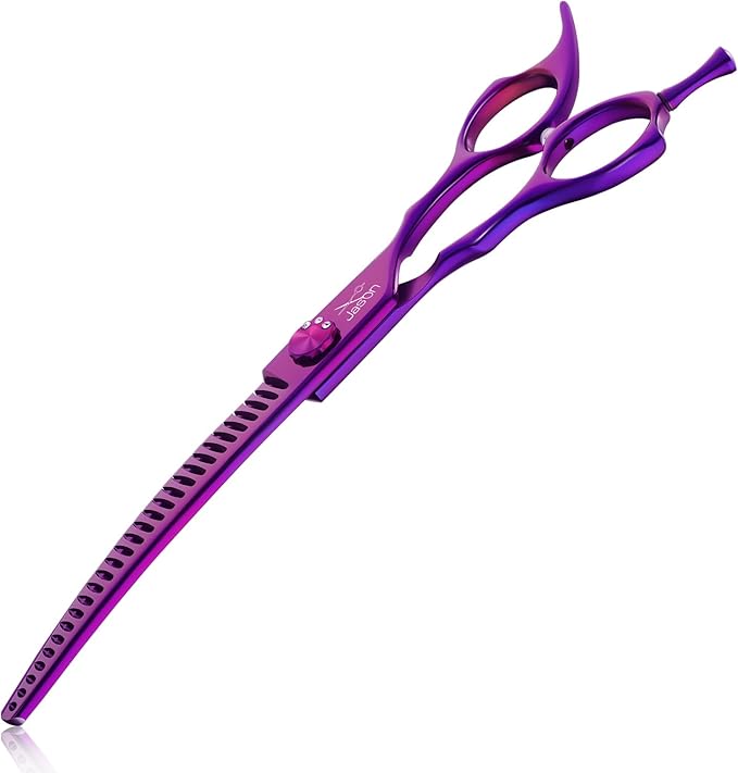 JASON 7" Curved Chunker Dog Scissors - Ergonomic Pet Scissors Purple Curved Dog Shears 440C Stainless Steel Grooming Shears Professional Pet Shears for Groomer (28-Teeth, Down-Curved)