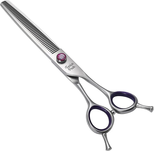 Fenice Peak 7'' Thinning Dog Grooming Scissors with Purple Finger Rings and Flashing Screw Professional 440C Stainless Steel Natural Color Pet Thinning Shears with Offset Handle Durable and Sharp