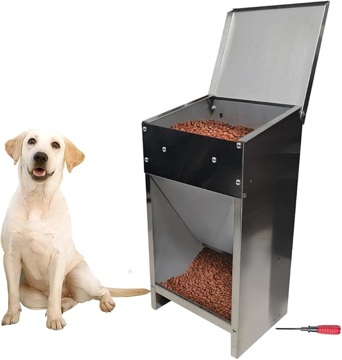 Pet Food Feeder for 25 Lb Kibble - Stainless Steel - Automatic Dog Food Dispenser Gravity Self Feeding Outdoor for Medium Dogs,Large Dog Breeds