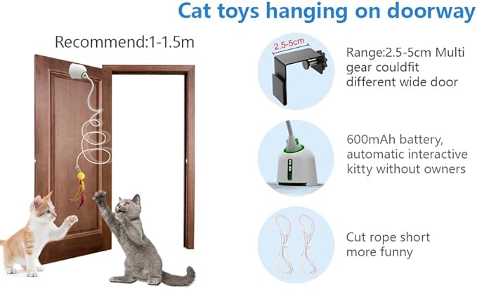 Cat Toys Hanging Door Electric and Moving Ball, Cats Toy Interactive for Indoor for Bored Feather Toys Kitten Rechargeable Door Hanging Automatic Retractable String（White）