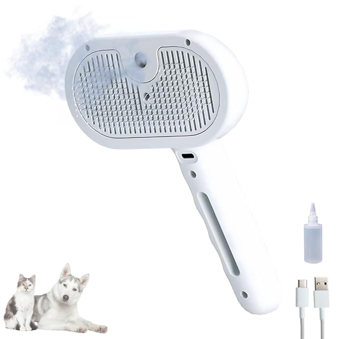 Pet Steam Brush for Cats Dogs, 3-in-1 Cat Grooming Tool with Water Spray and Quick Hair Release Button, Hair Removal Comb for Shedding, Steamy Brush (White)