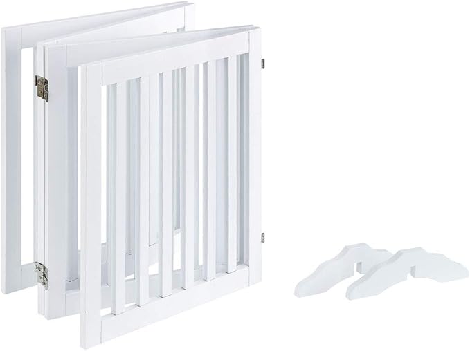 unipaws 24”H Free Standing Pet Gate for Dog Cat, Wooden Gates for Doorway, Stairs, Step Over Foldable Pet Fence for The House, Expandable Dog Barrier, Indoor Use, White