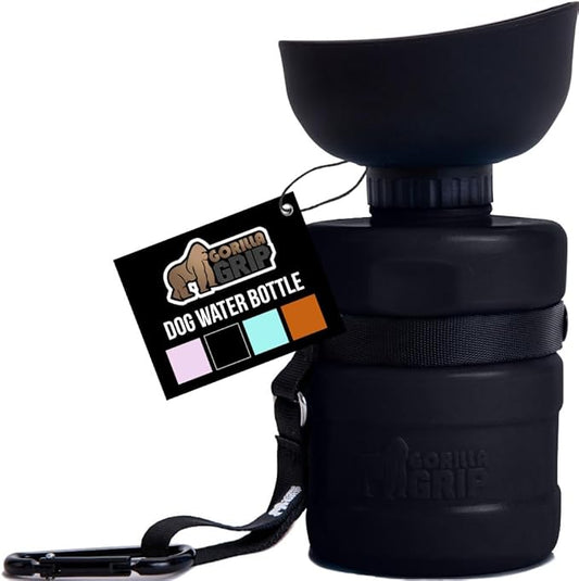 GORILLA GRIP Dog Water Bottle, Portable Water Bowl Dispenser for Dogs, 20 oz Leak Proof Pet Travel Squeeze Bottles, Food Grade Silicone, to Go Puppy Essentials, Hiking Camping Trip Accessories, Black
