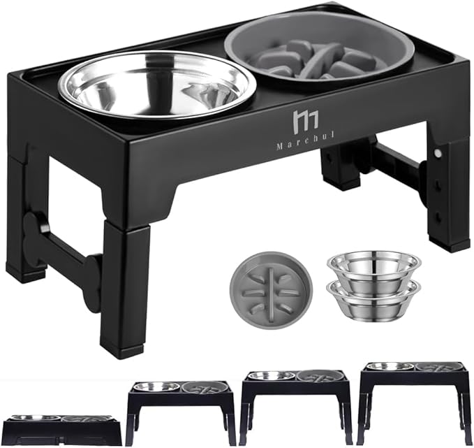 Marchul Elevated Dog Bowls for Medium Large Dogs, 4 Height Adjustable Dog Bowl Stand 3.5''/ 9.05''/ 10.62''/ 12.2'', with 1 Slow 1*Feeder Dogs Bowl & 2 * 40.5oz