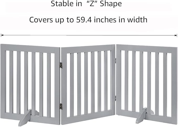 unipaws 24”H Free Standing Pet Gate for Dog, Wooden Dog Gates for Doorway, Stairs, Step Over Foldable Pet Fence for The House, Expandable Dog Barrier, Indoor Use, Grey