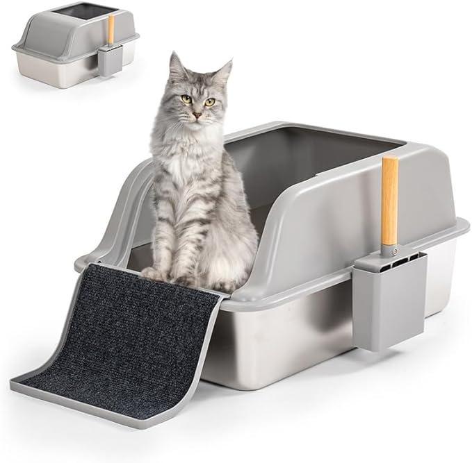 Stainless Steel Litter Box with Lid, 24"x16"x12" Extra Large Metal Litter Box with Ladder, Anti-Urine Leakage Cat Litterbox with High Sides, No Absorbs Odors, Non-Stick