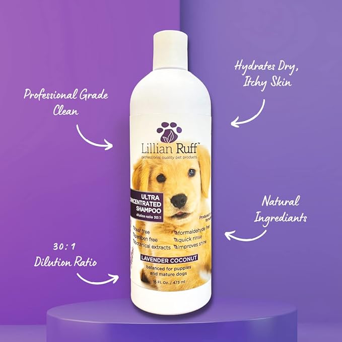 Lillian Ruff PRO Formula Ultra Concentrated Dog Shampoo – Makes 4 Gallons/30 Bottles, 30:1 Dilution, Professional Pet Shampoo for Sensitive Skin | Deodorizing & pH-Balanced Made in USA 16.9oz + Brush