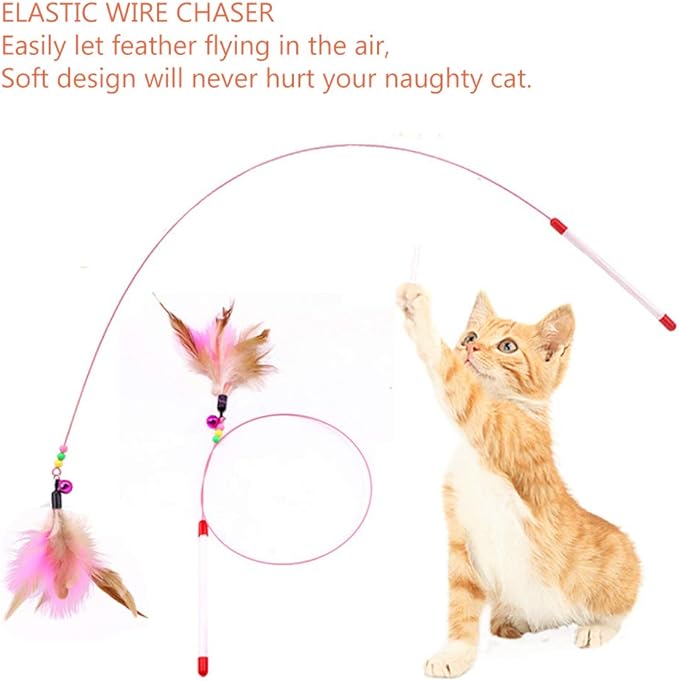 Cat Feather Toy, Cat Toys Wand, Bundle of 5 Pack Interactive Pet Cat Kitten Chaser Teaser Wire Wand with Bell Beads for Cat Exercise Play Fun Gifts - Wholesale