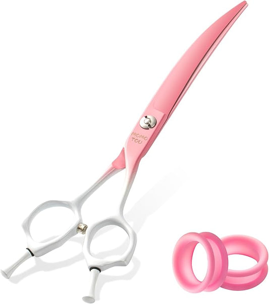 Curved Dog Grooming Scissors Pink to White Gradient 440C Stainless Steel Pet Grooming Shears Sharp Durable Dog Shears for Professional or Home Use Ergonomic Handle with 2 Silicone Finger Rings
