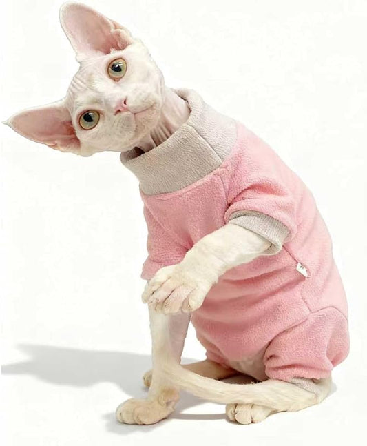 Sphynx Cat Clothes Winter Soft Warm Polar Fleece Turtleneck Pullover Four Leg Jumpsuit Fashion Splicing Base Shirt Cat Apparel, (XX-Large(11.6-12.7lb))