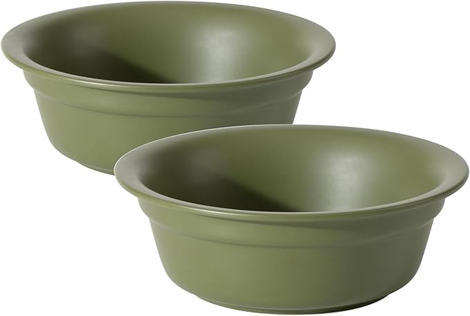 Ceramic 5.5inch Set of 2 Dog and Cat Bowls, 2pcs Basic Food and Water Dishes for Puppy, Kitty, Wide Opening Rounded Edge (2 Bowls, Olive Green)
