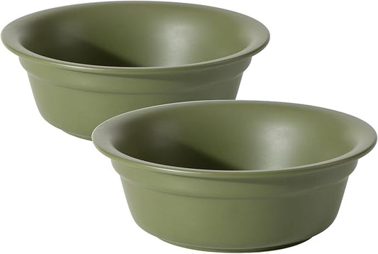 Ceramic 5.5inch Set of 2 Dog and Cat Bowls, 2pcs Basic Food and Water Dishes for Puppy, Kitty, Wide Opening Rounded Edge (2 Bowls, Olive Green)