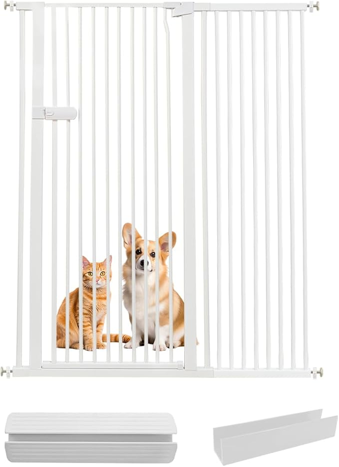 Lumizone Extra Tall Cat Gate 61.02" High Pressure Mounted Extra Wide 2025 New (17 Sizes) 1.37" Gap No Drilling Auto-Close One-Handed Operation Tall Pet Gate for Dogs(White, 46.65"-50.97"/118.5-129CM)