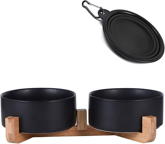 Petygooing Dog Bowls,Black Ceramic Cat Dog Bowl Set with Wood Stand for Pet Food and Water,Non-Slip Cute Modern Pet Dish Set for Cats Small and Medium Dogs (28OZ/6.1 in)
