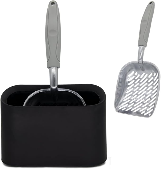 Metal Cat Litter Scoop with Holder, Aluminum Cats Litter Scooper Captures All Clumps, Heavy Duty Metal Kitty Scoopers with Holder, Cat Metal Scoop and Holder (Black)