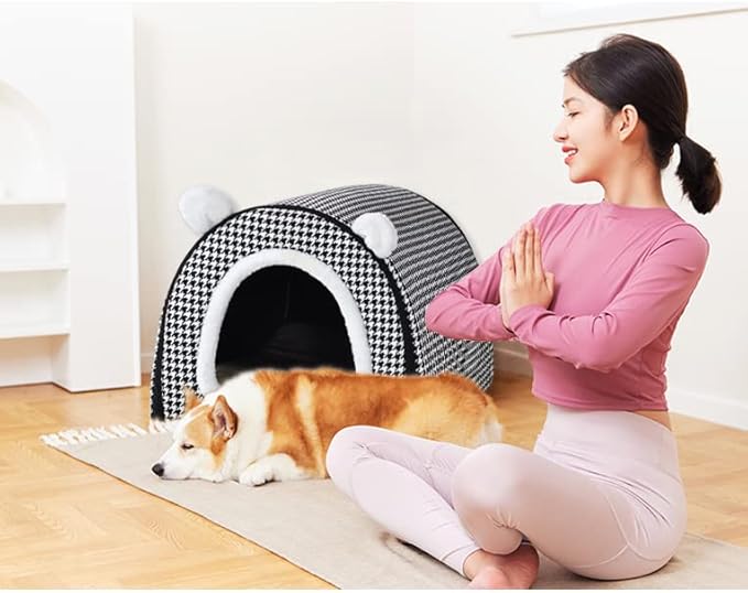 Dog Bed or Cat Bed,2 Ways to Use,Indoor Pet House with Fluffy Mat,Removable and Washable Cover,Non-Slip Bottom,for Cats and Small Dogs(M Black Cranes)