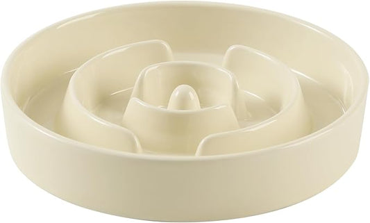 7.3inch Ceramic Slow Feeder Dog Bowl for Medium and Large Breed, Puzzle Dog Food Dish, Anti-Gulping, Pet Slow Feeder, Stop Bloat, Preventing Choking (Single Bowl-Beige)