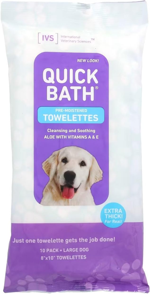 International Veterinary Sciences IVS Quick Bath Dog Towelettes, Removes Odor, Extra Thick and Heavy Duty for Large Dogs, Made in the USA, 10 Count Pack