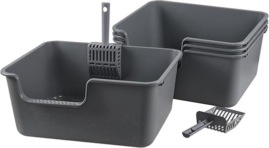Bringer 4-Pack Plastic High Side Cat Litter Box, Large Open Top Cat Litter Box, Gray, 19.69 x 15.24 x 8.46 Inches