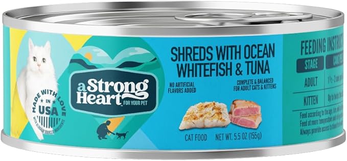 A Strong Heart Canned Wet Cat Food, Shreds with Ocean Whitefish & Tuna - 5.5 oz Cans (Pack of 24), Made in The USA with Real Ocean Whitefish & Tuna