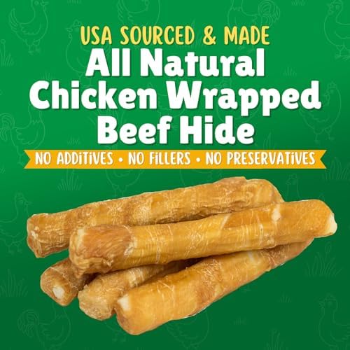 Chicken Wrapped Rawhide Dog Treats for Medium Dogs – 10ct. Rawhide Chew Sticks – Limited Ingredient Long Lasting Chews Made in The USA with Natural Chicken and Beef Hide Twists